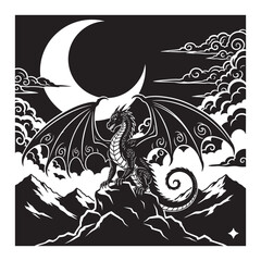 Mythical Dragon Under Crescent Moon on Mountain Fantasy Silhouette Art