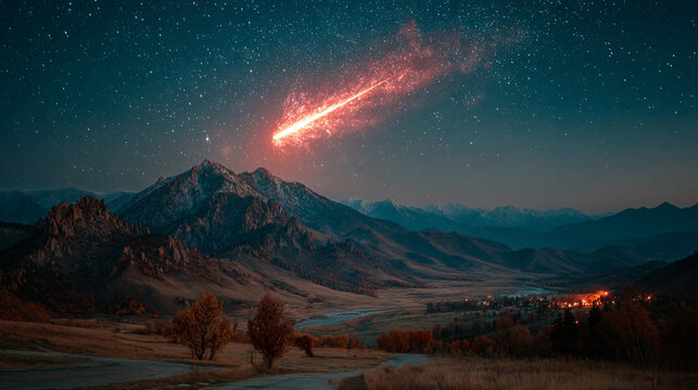 A brilliant meteor streak with a glowing tail in a star-filled night sky.