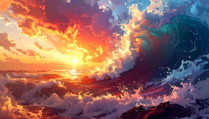Dramatic sunset over a surging ocean