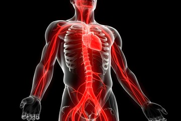 Human circulatory system anatomy showing blood vessels and heart in red against black background