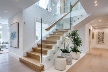 A beautifully designed staircase features wooden steps and glass railings in a bright open space filled with greenery