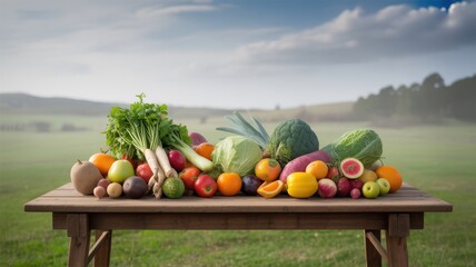 Abundant assortment of fresh organic fruits and vegetables displayed on a rustic wooden table outdoors