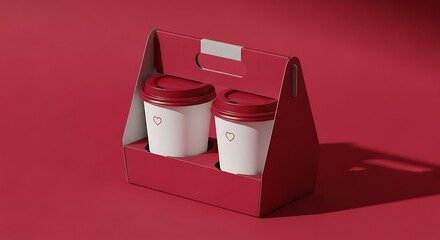 Bold Monochromatic Red Scene with Two Takeaway Coffee Cups and Sharp Shadow.