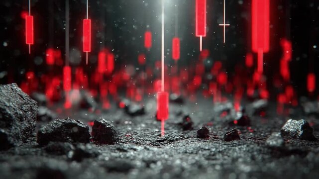Bleak Outlook: A dark, symbolic scene of financial downturn, with a dramatic display of red candlestick charts cascading downwards over a rugged, ashen terrain.