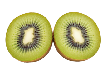 Tropical Delight Two Halves of a Kiwi Fruit, Revealing the Vibrant Green Flesh and Tiny Black Seeds, a Refreshing and Exotic Treat on a Clear Backdrop