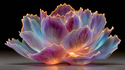 A single glowing succulent plant in a dark lab, its leaves emitting soft multicolored bioluminescence.