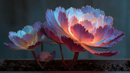 A single glowing succulent plant in a dark lab, its leaves emitting soft multicolored bioluminescence.