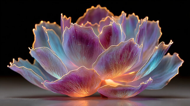 A single glowing succulent plant in a dark lab, its leaves emitting soft multicolored bioluminescence.