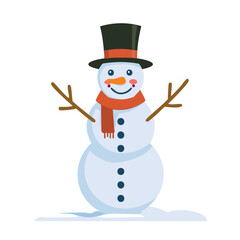 Cheerful snowman wearing black hat and orange scarf winter character