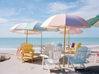 Pastel Beach Umbrella Scene Colorful Chairs and Picnic Tables on Sandy Shore