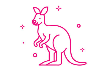 Simple magenta kangaroo line icon standing amidst abstract dots and sparkles shines bright