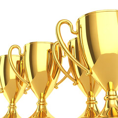 Row of shiny golden trophies on black background