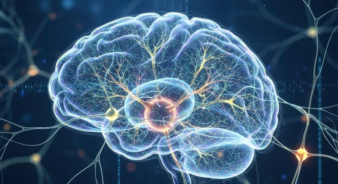 A translucent glowing brain model showcasing intricate neural networks with illuminated neurons and dendrites against a dark blue background