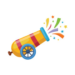 Festive cannon shooting colorful confetti and stars celebration