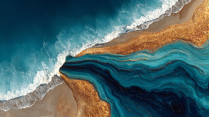 A vast abstract seascape with a massive swirling brown pattern overtaking the blue.