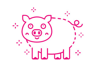 Simple pink outline shows a cute pig with a curly tail standing still