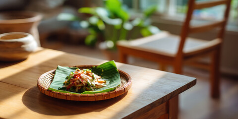 Som Tum spicy papaya salad served on banana leaf in woven basket on wooden table with natural sunlight and blurred background
