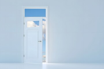 Open door revealing a bright blue sky and clouds, symbolizing freedom and new possibilities