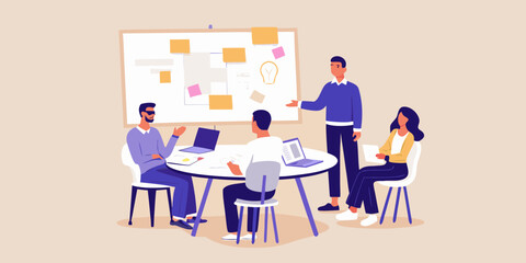 Diverse team collaborating on a project with a whiteboard and laptops in a modern office setting