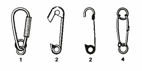 Collection of illustrated carabiner and safety pin style fasteners and connectors on a white background