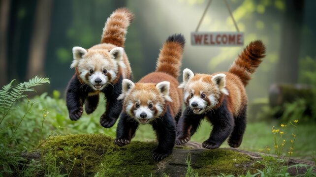 Three adorable red pandas playfully leap across mossy ground in a sun dappled forest setting