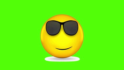 A yellow emoji with sunglasses and a smile on a green screen background in a cartoon style - Powered by Adobe