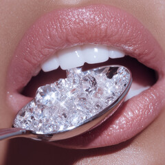 Mouth Holding Spoon with Diamonds