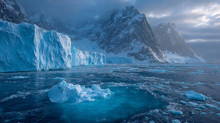 A vast Antarctic glacier with a massive, geometric blue void in the ice, under a troubled, melancholic sky.
