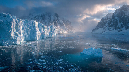 A vast Antarctic glacier with a massive, geometric blue void in the ice, under a troubled, melancholic sky.