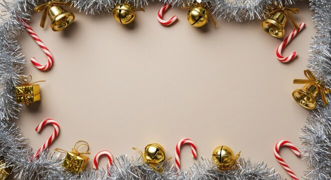 festive christmas background with gold decorations candy canes and silver tinsel on beige surface
