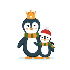 Two penguins wearing winter hats and scarves scarf crown