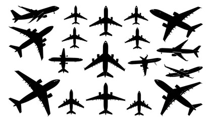 Airplane silhouettes set, Black airplane silhouettes, Set of black plane silhouette