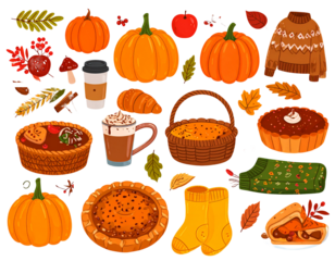 Autumn set with cute elements of . Hand drawn flat cartoon