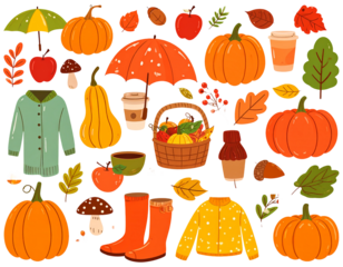 Autumn set with cute elements of . Hand drawn flat cartoon