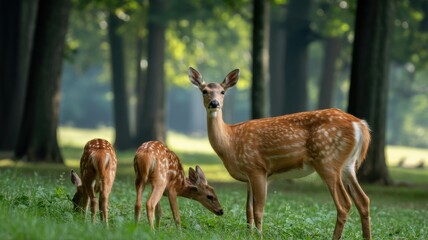 A graceful doe and two fawns graze peacefully in a sun dappled forest clearing