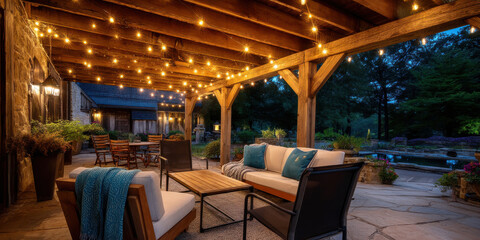Cozy outdoor patio with wooden furniture and string lights under rustic pergola creating warm inviting atmosphere at dusk
