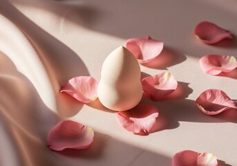 美しいバラの花びらとメイクアップスポンジ