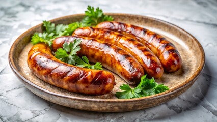 Grilled Portuguese sausage also known as chouri&ccedil;o on plate, garnished with fresh parsley sprigs. Chouri&ccedil;o, a traditional smoked sausage, is a culinary delight, rich in flavors and aromas.