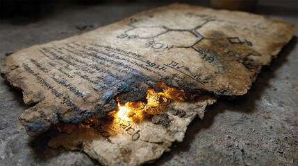 Vintage cracked parchment with a forgotten chemical diagram, illuminated by a validating beam of light.