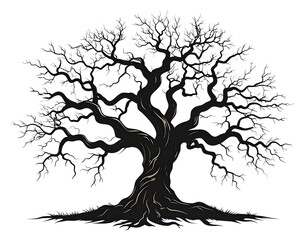 Fototapeta premium Majestic Oak Silhouette: A commanding silhouette of a grand oak tree, its gnarled branches reaching towards the sky. This monochromatic illustration embodies strength, resilience.