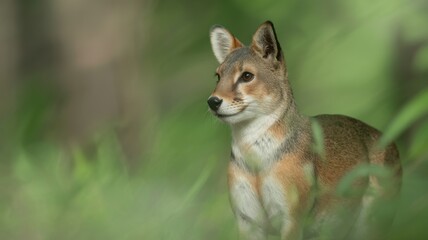 A curious desert fennec fox peeks through lush green grass in its natural habitat