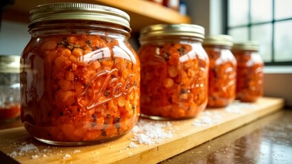 The arrangement of red ingredients in the jar