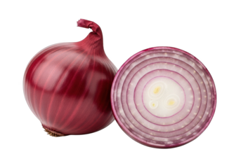 Vibrant Red Onion Duo A Culinary Still Life Featuring a Whole Red Onion and a Sliced Half Showcasing the Layers and Texture for Food Blog Photography