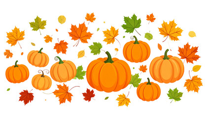Naklejka premium all decor of pumpkins and leaves on white background, vector