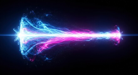 Fototapeta premium A vibrant beam of blue and magenta glowing plasma with swirling tendrils and scattered particles extends horizontally against a dark expanse