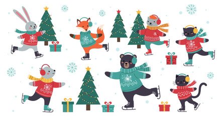 Cute animals skating winter holiday season festivities fun outdoor activity merry christmas joyful celebration