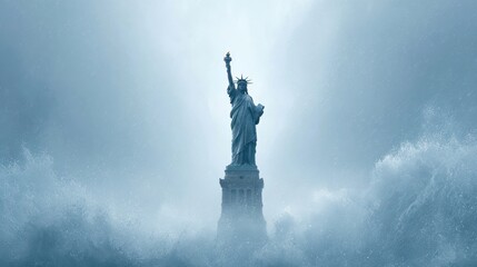 Majestic Digital Painting of the Statue of Liberty Surrounded by Waves