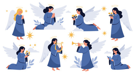 A celestial gathering of angels with heavenly attributes and divine grace
