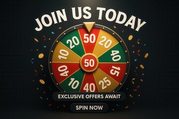 Join us today with an EXCLUSIVE OFFERS AWAIT spin now banner, vibrant graphic style, exciting retail promotion offer.