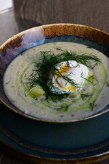 Traditional Czech dill soup Kulajda — a creamy soup made with mushrooms, potatoes, poached egg, and fresh dill. A comforting and flavorful dish from Czech cuisine, served warm and perfect for autumn.